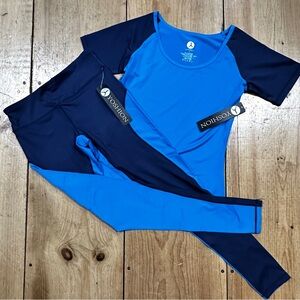 Yoshion athletic yoga workout set, leggings &tee Beautiful Blue & Navy, S  NWT!